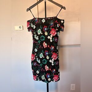 Guess Black Floral Embroidered Off-Shoulder Mini Dress